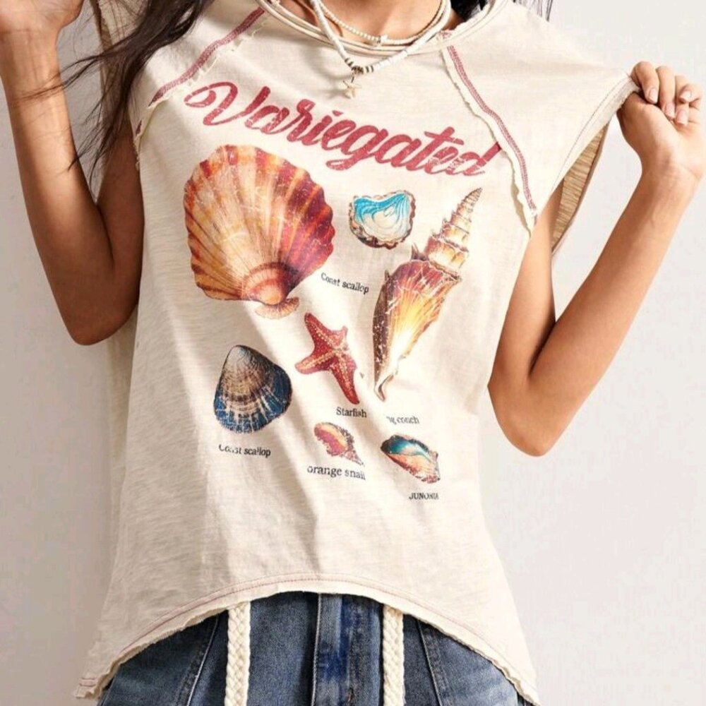 Bohemela Beach Theme Muscle Shirt Top Women's XL NWOT Beige
